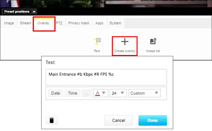 How to add overlay text to Axis cameras