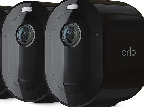 Arlo Pro 4 spotlight camera 3-pack wireless security system in white on white background