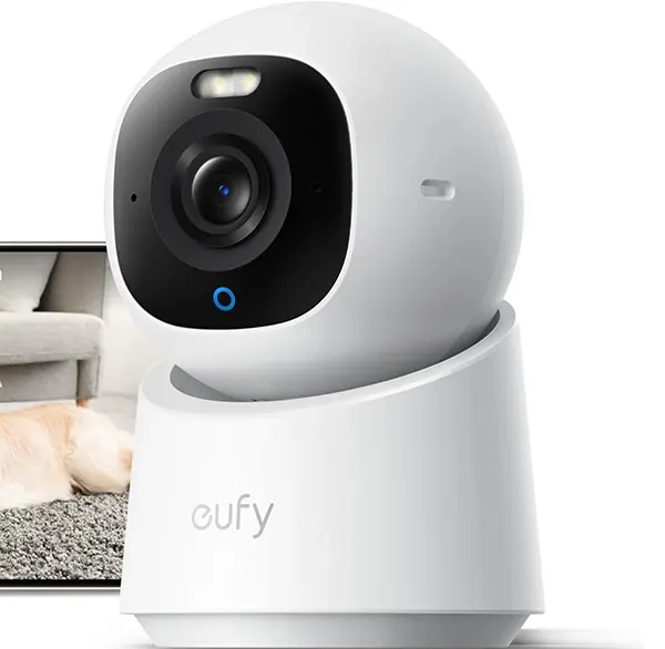 eufy Security Indoor Camera E30 white pan tilt camera on a shelf