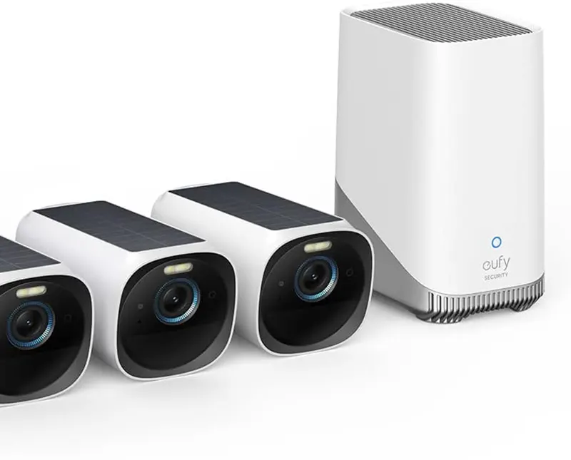 eufy eufyCam S330 camera mounted on exterior wall showing 4K Starlight night vision output