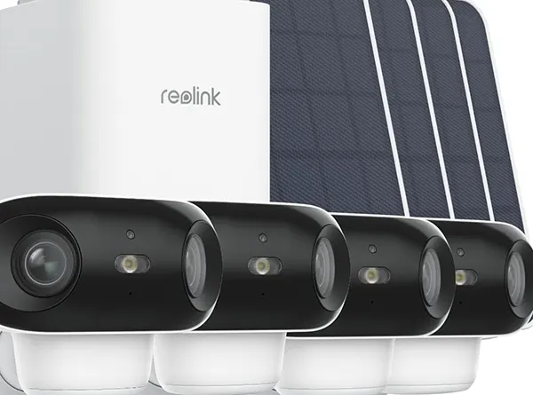 REOLINK Home Hub with 4 Argus 4 Pro cameras and solar panels complete wireless security system