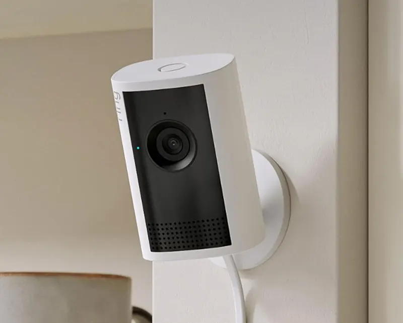 Ring Indoor Cam Plus showing app interface and live view on Echo Show