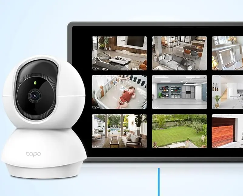 TP-Link Tapo C200 showing 360-degree pan and tilt range diagram